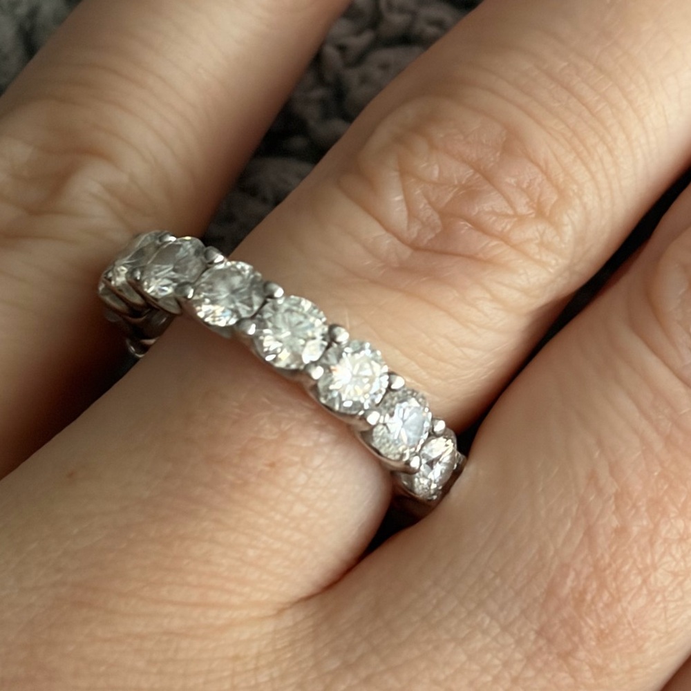 Moissanite Eternity Ring, White Gold Plated Sterling Silver Wedding Band
